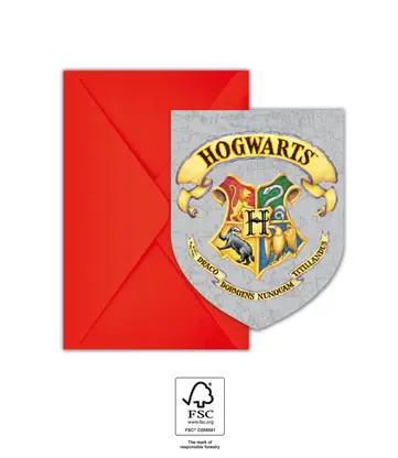 6 Verjaardagsuitnodiging en envelop HARRY POTTER HOGWARTS HOUSES