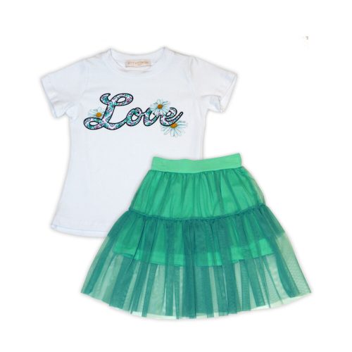 Bloemenpatroon katoenen T-shirt - mintgroene tule rok set voor meisjes - 122