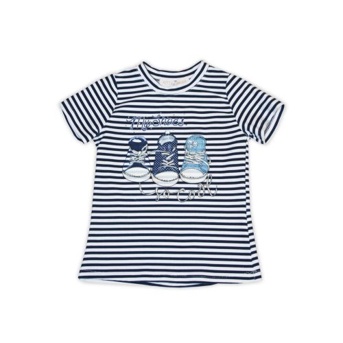 Katoenen t-shirt versierd met strass en schoenprint - gestreept - 128