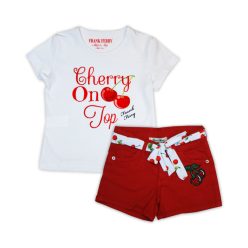   Kersenpatroon katoenen T-shirt-broek set voor meisjes - wit-rood - 122