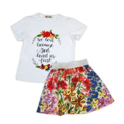   Bloemenpatroon zomeroutfit voor meisjes - katoenen set - wit-bloemig - 128