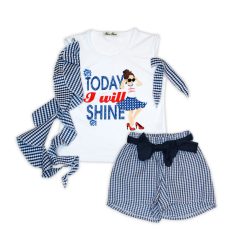   Katoenen geruite zomermeisjesbroek-t-shirt set - wit-blauw - 122