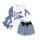 Katoenen geruite zomermeisjesbroek-t-shirt set - wit-blauw - 122