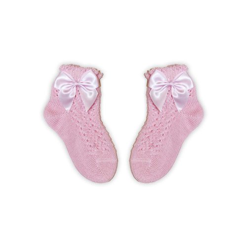 100% katoenen meisjes babysokken met gehaakt bovendeel - strikdecoratie - roze - 16-17