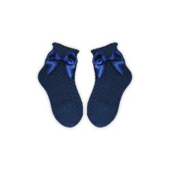   100% katoenen meisjes babysokken met gehaakt bovendeel - strikdecoratie - donkerblauw - 14-15
