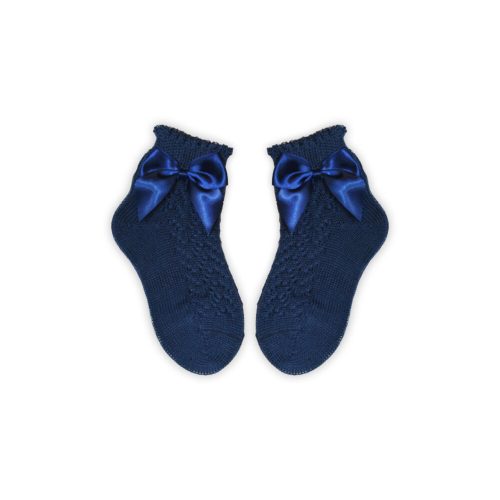 100% katoenen meisjes babysokken met gehaakt bovendeel - strikdecoratie - donkerblauw - 14-15