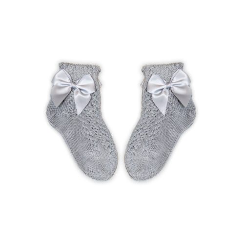 100% katoenen meisjespop sokken met gehaakt bovenstuk - strikversiering - grijs - 14-15