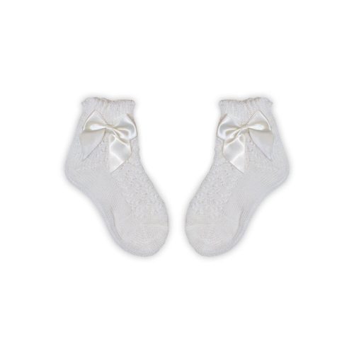 100% katoenen meisjespop sokken met gehaakt bovenstuk - strikversiering - vanille - 18-19