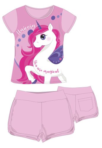 Eenhoorn katoenen zomeroutfit - T-shirt-korte broek set - lichtroze - 98